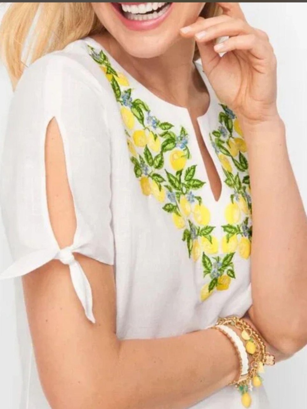 Talbots Top Womens XL White Yellow Linen Blend Lemon Embroidery Tie Detail